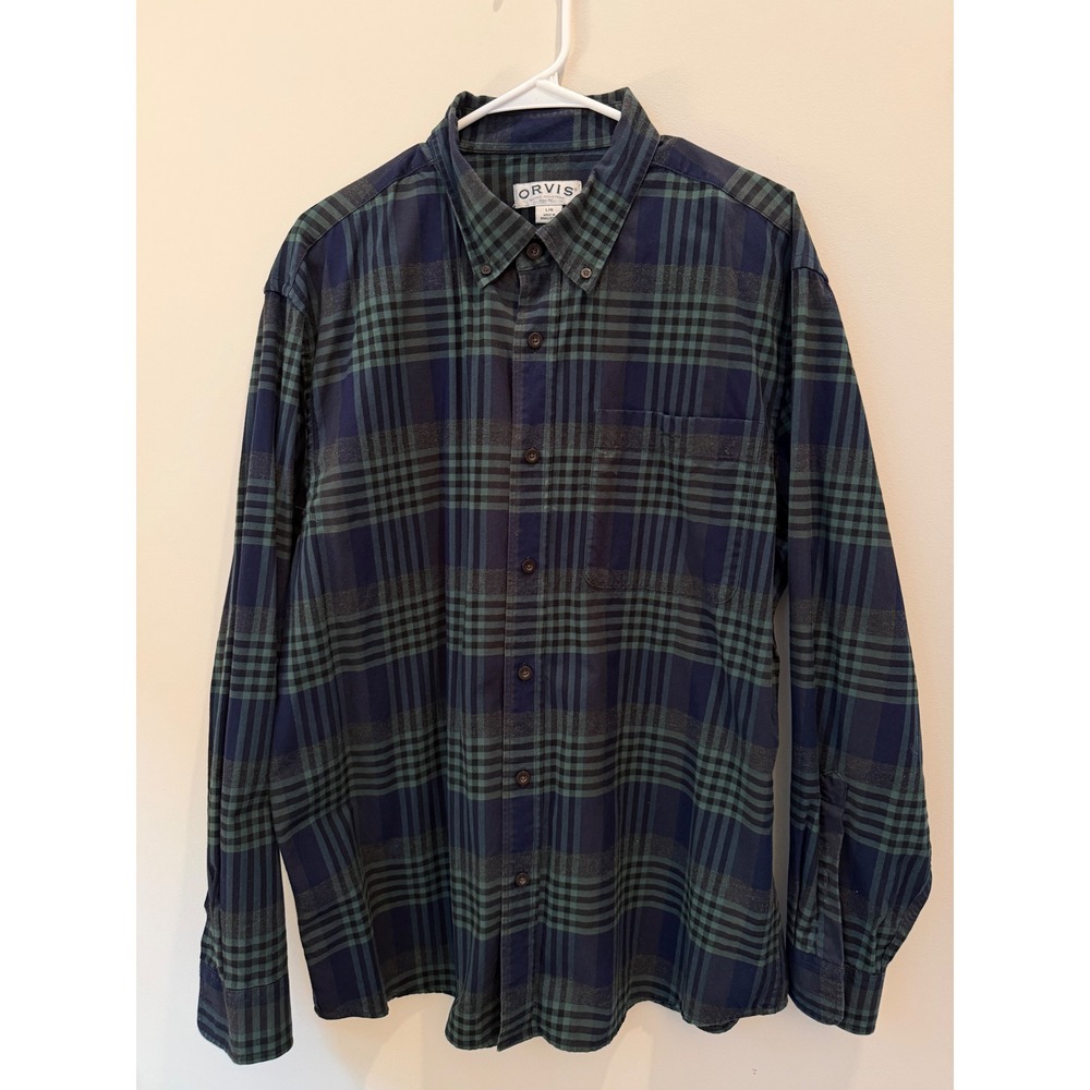 Orvis Men's Green Blue Plaid‎ Flannel Button-Down Long Sleeve Size Large